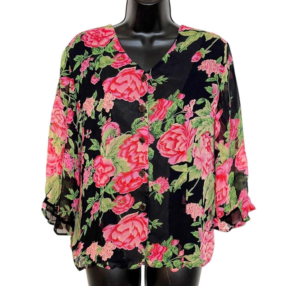 VTG 90s DARK ROMANTIC FLORAL WHIMSIGOTH BLOUSE RUFFLE SLEEVES  REQUIREMENTS SZ M